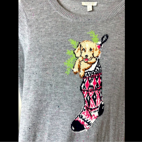 TALBOTS Christmas Sweater Puppy Dog Stocking Tree Golden Retriever Gray speckled - Picture 2 of 7